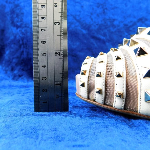 VALENTINO Rockstud Ivory Leather & Mesh Peep Toe Plat from Heel Pumps 37 - Picture 9 of 10
